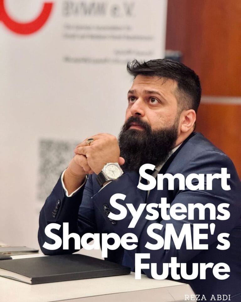 Zitat "Smart Systems Shape SME's Future" vor Portrait von Reza Abdi